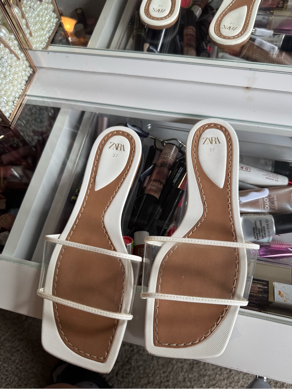 ZARA White and Tan Clear-strap Slide Sandals